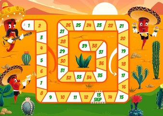 Leinwandbilder - Kids board game with Mexican mariachi musicians and cactus in desert. Start and finish vector tabletop dice game with mexican cartoon chili pepper characters in sombrero with guitar and maracas