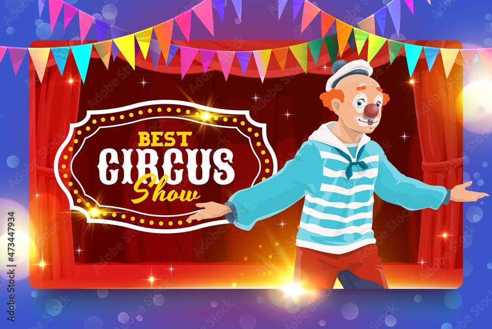Shapito circus cartoon sailor clown on circus stage, vector poster ...