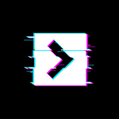 Poster - Play button isolated glitched arrow on square, ui game panel interface design element. Vector tv or audio player start or stop sign, playback or stop signal on glitch display with digital noise