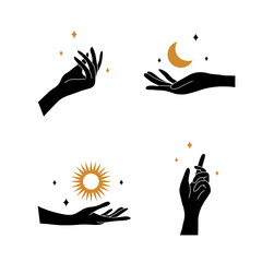 Wall Mural - Boho hand with moon and sun. Collection of bohemian aesthetic design logos. Alchemy esoteric talismans. Vector illustration in minimalist style.