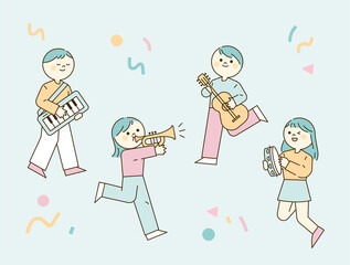 Wall Mural - Cute people are playing musical instruments. Keyboard, guitar, trumpet, tambourine. flat design style vector illustration.