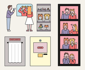 Poster - Photo booth, couples are taking instant photos. Cute wig and playful pose. flat design style vector illustration.