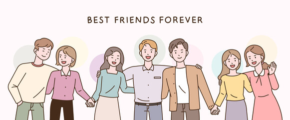 Wall Mural - best friends forever. many people are shoulder-to-shoulder and holding hands. flat design style vect