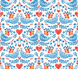 Watercolor pattern with doves, hearts and flowers. Illustration is made in folk style.