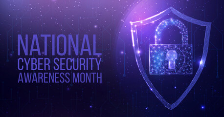National Cyber Security Awareness Month. Wireframe polygonal shield with globe map. Cyber security, world protection concept with glowing low poly guard.