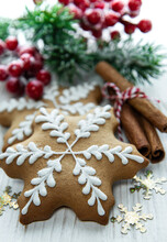 Christmas Gingerbread With Christmas Decorations On White Wooden