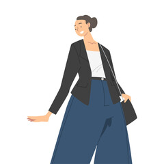 Sticker - Woman Character in Formal Suit Standing with Handbag and Smiling Perspective View Vector Illustration