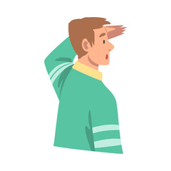 Sticker - Looking Into Future Man Character with His Hand on Forehead Vector Illustration