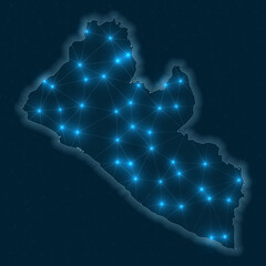 Poster - liberia network map. abstract geometric map of the country. digital connections and telecommunicatio