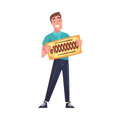 Sticker - Happy Man Holding Cheque with Lump Sum as Lottery Gain Vector Illustration