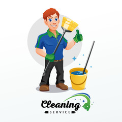 Wall Mural - Mascot Cleaning Service Man with Cleaning Tools