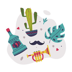 Sticker - Bright Mexico Object with Peppery Drink Bottle, Cactus and Trumpet Element Vector Composition