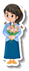 Canvas Print - Happy girl holding a bouquet flower cartoon sticker