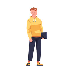 Poster - Man as Modern University Student in Orange Hoodie Standing with Book Vector Illustration