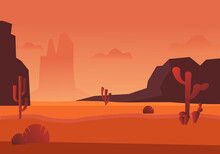 Hot Orange Desert With Mountains Landscape. Beautiful Red Glow Of Sands With Dried Cactus Rocky Hills Natural Panorama Of Sahara Arid Desert Without Oasis. Vector Cartoon Wilderness.