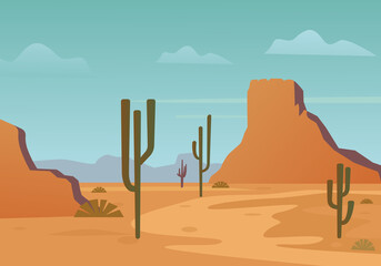 Desert yellow canyon with cacti illustration. Outdoor sandy hills and hot sky with summer natural sandstone landscape of beautiful arid arizona wilderness. Vector cartoon landscape.