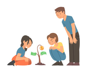 Sticker - Man and Woman Character Watching Money Tree Growing Vector Illustration