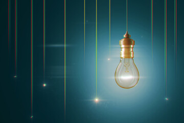 Wall Mural - Glowing light bulb on blue backdrop with lines. Idea, innovation and success concept. 3D Rendering.