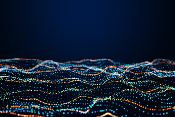 Aufkleber - Creative digital polygonal wave on dark blue backdrop with mock up place. Technology and design concept. 3D Rendering.