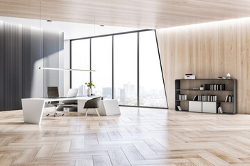 Poster - Contemporary wooden designer office interior with reflections, furniture, window with panoramic city view. 3D Rendering.