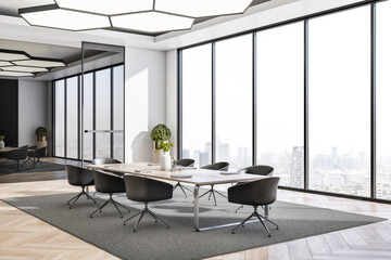 Poster - Contemporary concrete and wooden designer meeting room office room interior with furniture, equipment, computers, carpet and panoramic city view. 3D Rendering.