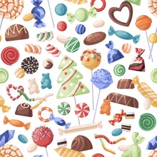 Seamless Candies Pattern. Endless Background Design With Repeating Sweets Print. Confectionery Texture With Lollipops, Sugar Swirls And Caramels. Colored Flat Vector Illustration For Wrapping