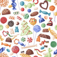 Poster - Seamless candies pattern. Endless background design with repeating sweets print. Confectionery texture with lollipops, sugar swirls and caramels. Colored flat vector illustration for wrapping