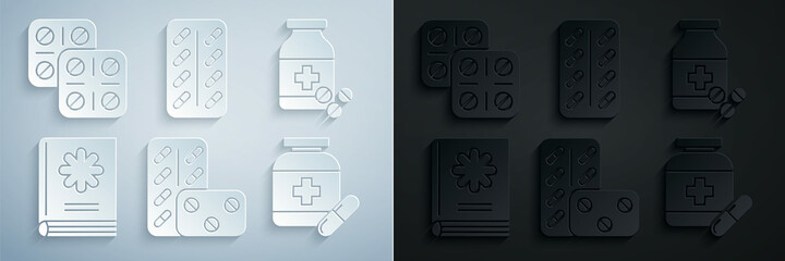 Sticker - Set Pills in blister pack, Medicine bottle and pills, Medical book, and icon. Vector