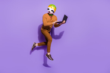 Wall Mural - Full body profile portrait of wacky polygonal mask guy running digital netbook isolated on virtual color background