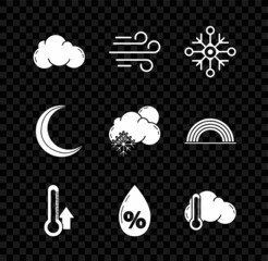 Sticker - Set Cloud, Wind, Snowflake, Thermometer, Water drop percentage, and cloud, Moon stars and with snow sun icon. Vector