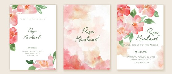 Wall Mural - Set of elegant, romantic wedding cards, covers, invitations with pink, blush flowers. Watercolor blossoms, green leaves
