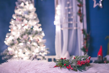 Christmas Wreath On White Fur. Christmas Decor Homemade