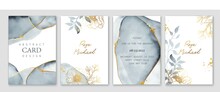 Set Of Elegant Cards In Blue, Grey, White, Golden Colors. Watercolor Spots, Ink Imitation, Botanical Leaves, Gold Lines
