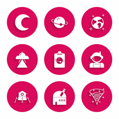 Sticker - Set Planet, Astronomical observatory, Black hole, Astronaut, Mars rover, UFO flying spaceship, Earth globe and Moon and stars icon. Vector