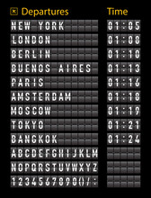 Airport Timetable. Airport Board For Departure And Arrive. Information Of Flight. Font On Display Panel. Destination On Scoreboard. Timetable On Terminal. Realistic Alphabet With Schedule. Vector