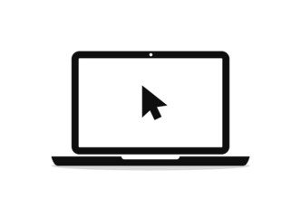 Fototapete - Laptop icon with arrow of mouse. Pictogram of pc with cursor on screen. Computer in flat style for click on website in internet. Logo of laptop desktop for online work or company. Vector