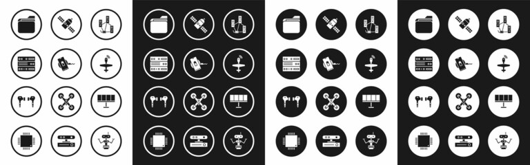 Poster - Set Computer network, Wireless charger, Server, Data, Web Hosting, Document folder, UAV Drone, Satellite, Solar energy panel and Air headphones icon. Vector