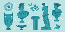 Greek Marble Statues Aesthetic Vector Hand Drawn Illustration Set. Sculptures Of Human Body And Architectural Elements. 
