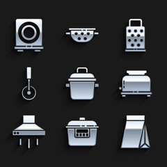 Sticker - Set Cooking pot, Slow cooker, Bag of coffee beans, Toaster, Kitchen extractor fan, Pizza knife, Grater and Electric stove icon. Vector