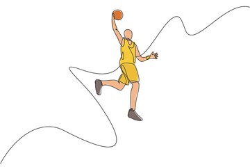 Poster - One single line drawing of young energetic basketball player jumping throw the ball vector illustration. Sports competition concept. Modern continuous line draw design for basketball tournament poster