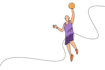 Wall Mural - One continuous line drawing of young basketball player jumping to shot the ball. Team sport concept. Dynamic single line draw design vector illustration for college basket ball team recruitment poster