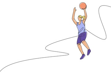 Wall Mural - Single continuous line drawing of young healthy basketball female player jumping. Competitive sport concept. Trendy one line draw design vector illustration for basketball tournament promotion media