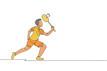 Poster - Single continuous line drawing of young agile badminton player take a hit from opponent. Sport training concept. Trendy one line draw design vector illustration for badminton tournament publication
