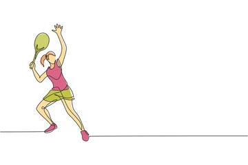 Poster - One single line drawing of young energetic female tennis player hit the ball vector illustration. Sport training concept. Modern continuous line draw design for tennis tournament banner and poster