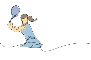 Poster - One continuous line drawing of young happy woman tennis player concentrate hit the ball. Competitive sport concept. Dynamic single line draw design vector illustration for tournament promotion poster
