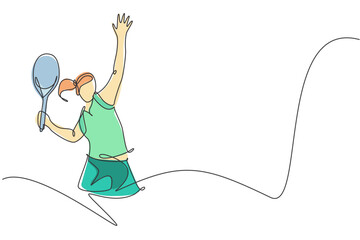 Poster - One single line drawing young energetic woman tennis player hit the ball graphic vector illustration. Sport training concept. Modern continuous line draw design for tennis tournament banner and poster