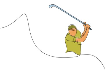 Poster - Single continuous line drawing of young happy golf player swing the golf club to hit the ball. Hobby sport concept. Trendy one line draw design vector illustration for golf tournament promotion media