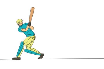 Wall Mural - Single continuous line drawing of young agile man cricket player practicing hit the ball at field vector illustration. Sport exercise concept. Trendy one line draw design for cricket promotion media