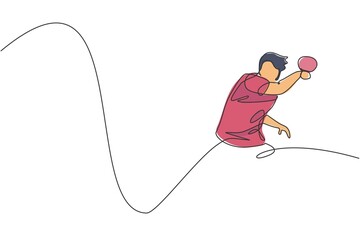 Poster - Single continuous line drawing of young agile man table tennis player hit the ball. Sport exercise concept. Trendy one line draw design vector illustration for ping pong tournament promotion media