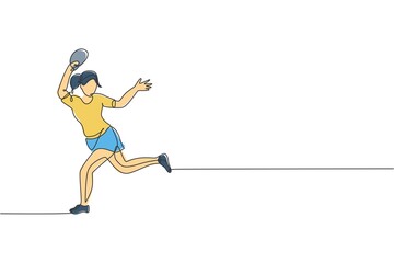 Poster - One continuous line drawing of young sporty woman table tennis player active to catch the ball. Competitive sport concept. Single line draw design vector illustration for ping pong championship poster